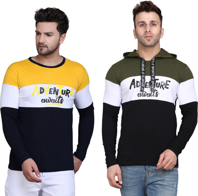 SLOWLORIS Printed Men Hooded Neck Yellow, Dark Green T-Shirt