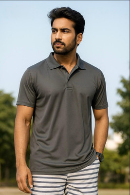 tshirt Solid Men Polo Neck Grey T-Shirt