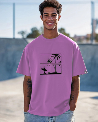catbunny Solid, Printed Men Round Neck Purple T-Shirt
