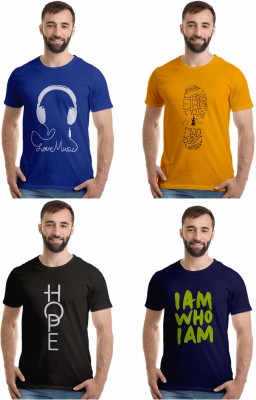 Boodbuck Printed Men Round Neck Black, Dark Blue, Yellow, Blue T-Shirt