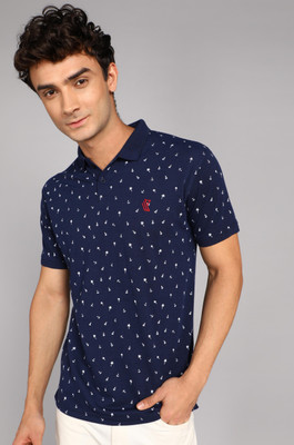 We Perfect Printed Men Polo Neck Dark Blue T-Shirt