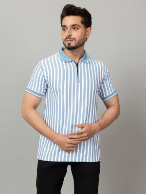 INSPRIE Striped Men Zip Neck Blue T-Shirt