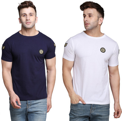 Money Leaf Solid Men Round Neck Dark Blue, White T-Shirt