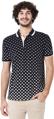 MUFTI Abstract Men Polo Neck Dark Blue T-Shirt