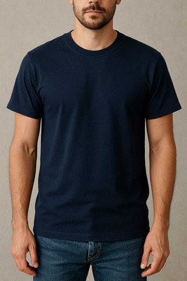 HANVIK Solid Men Round Neck Navy Blue T-Shirt