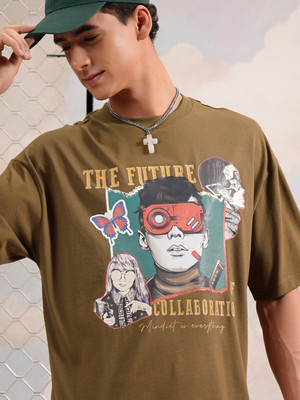 HIGHLANDER Printed, Typography Men Round Neck Brown T-Shirt