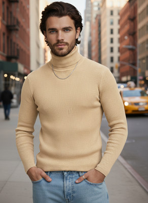 CLAfoutis Self Design Men Turtle Neck Beige T-Shirt