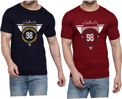 WOOSTRO Printed Men Round Neck Dark Blue, Maroon T-Shirt