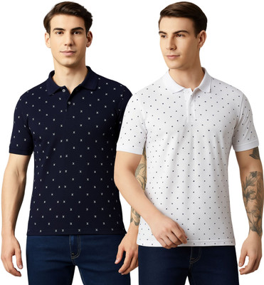 BLENDIX Polka Print Men Polo Neck White, Blue T-Shirt