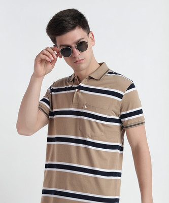 UNNIBERRY Striped Men Polo Neck Beige T-Shirt