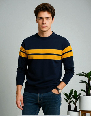 StyleFlick Colorblock Men Round Neck Navy Blue T-Shirt