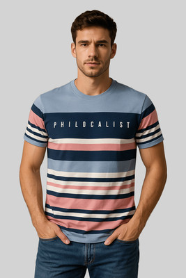 GO BIRDY Striped Men Crew Neck Blue T-Shirt