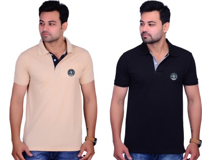 Cousin's Solid Men Polo Neck Black, Beige T-Shirt