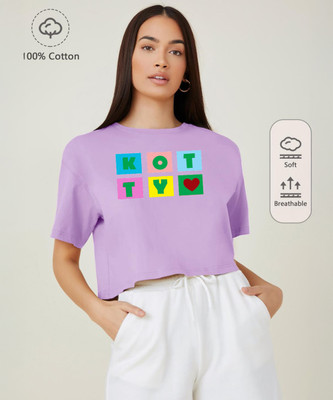 KOTTY Printed, Typography Women Round Neck Purple T-Shirt