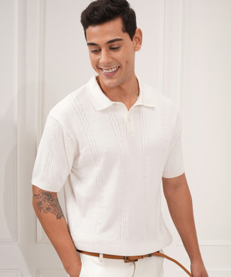 HIGHLANDER Self Design Men Polo Neck White T-Shirt