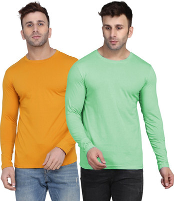 Kroptee Solid Men Round Neck Yellow, Light Green T-Shirt