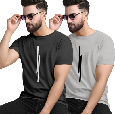 KAJARU Striped Men Round Neck Black, Grey T-Shirt