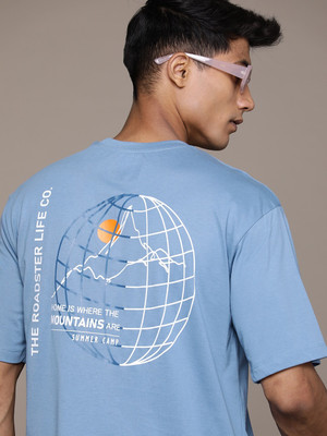 Roadster Printed Men Round Neck Blue T-Shirt