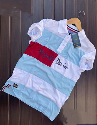 Magneto Striped Men Polo Neck Blue T-Shirt
