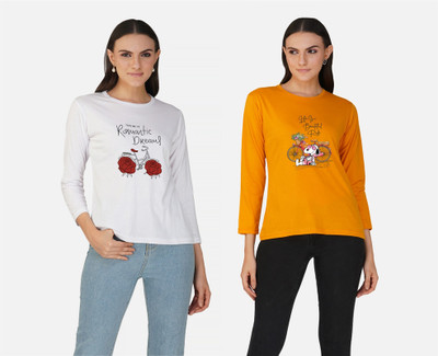 CHOZI Printed Women Round Neck Yellow, White T-Shirt