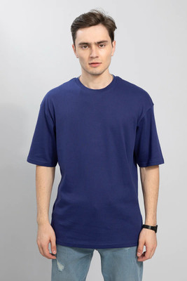 Earthstick Solid Men Round Neck Navy Blue T-Shirt