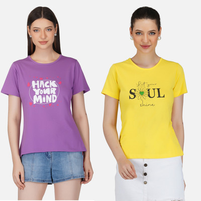 BASE 41 Printed Women Round Neck Purple, Yellow T-Shirt