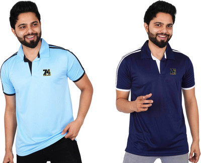 La Milano Striped Men Polo Neck Navy Blue, Light Blue T-Shirt