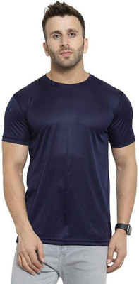 RIVAAZ Collections Solid Men Round Neck Navy Blue T-Shirt
