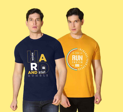 WOOSTRO Printed, Solid Men Round Neck Blue, Yellow T-Shirt