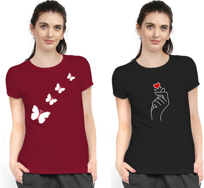 Stylimo Printed Women Round Neck Maroon, Black T-Shirt