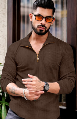 KAJARU Self Design Men Polo Neck Brown T-Shirt