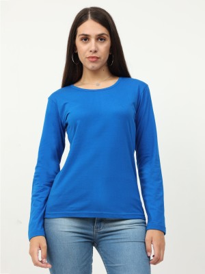 Fleximaa Solid Women Round Neck Blue T-Shirt