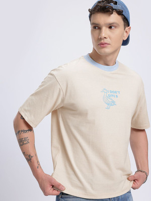 Glitchez Printed Men Round Neck Beige T-Shirt