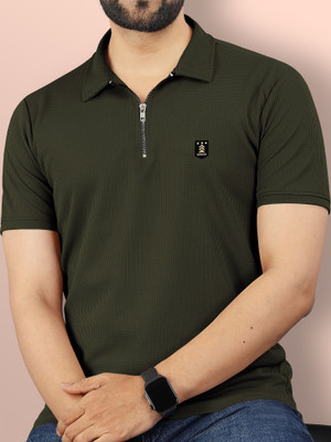 VeBNoR Solid Men Zip Neck Green T-Shirt