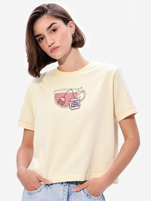The Souled Store Embroidered Women Round Neck Beige T-Shirt