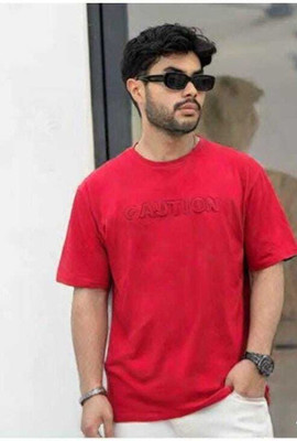 Caution Graphic Print Men Round Neck Red T-Shirt