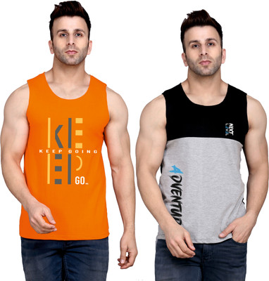 SLOWLORIS Printed Men Round Neck Orange, Black, Grey T-Shirt