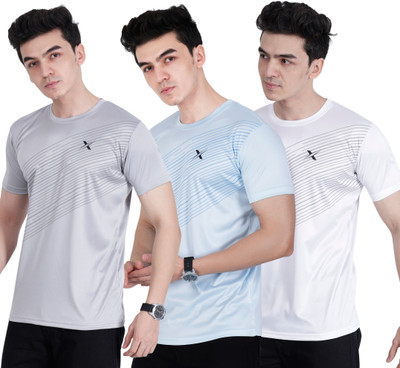 Cruister Solid Men Round Neck Grey, Light Blue, White T-Shirt