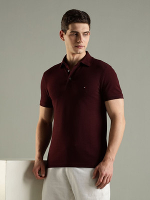 TOMMY HILFIGER Self Design Men Polo Neck Red, Maroon T-Shirt