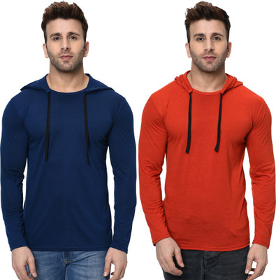 Adorbs Trend Solid Men Hooded Neck Dark Blue, Red T-Shirt