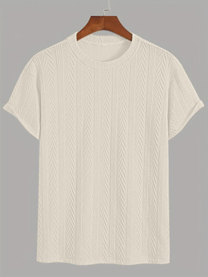 KAJARU Self Design Men Round Neck Beige T-Shirt