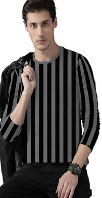 HOODLER Striped Men Round Neck Grey T-Shirt