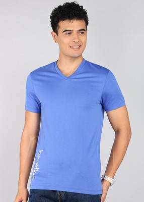 United Colors of Benetton Solid Men V Neck Blue T-Shirt