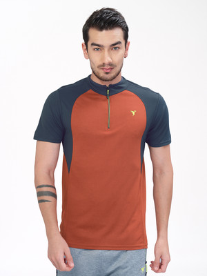 TECHNOSPORT Colorblock Men Mandarin Collar Maroon T-Shirt