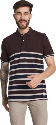 Octave Striped Men Polo Neck Brown T-Shirt