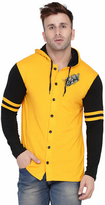 BEYOU FASHION Solid Men Hooded Neck Yellow, Black T-Shirt