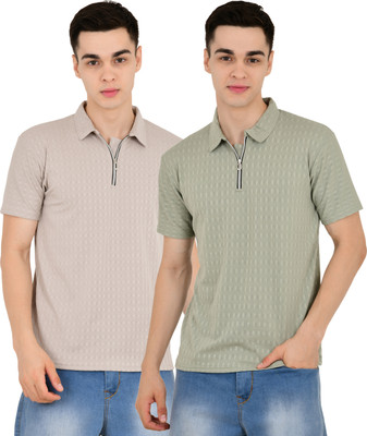 YUALIN CREATION Self Design Men Polo Neck Beige, Green T-Shirt
