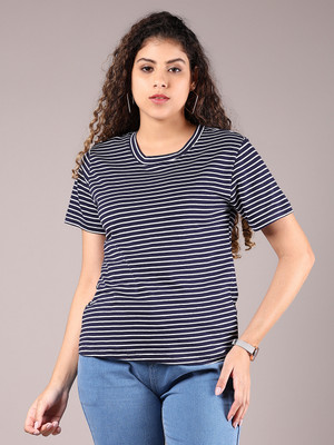 V-MART Striped Women Round Neck Blue T-Shirt