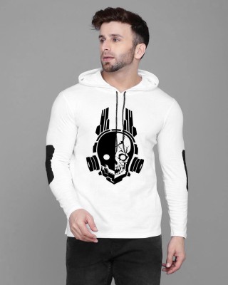 V DAS Printed, Typography Men Hooded Neck White T-Shirt