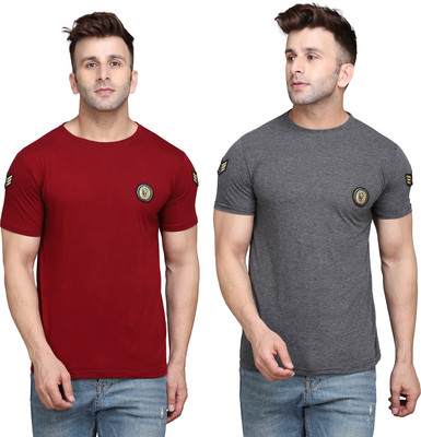 Lawful Casual Solid Men Round Neck Maroon, Grey T-Shirt